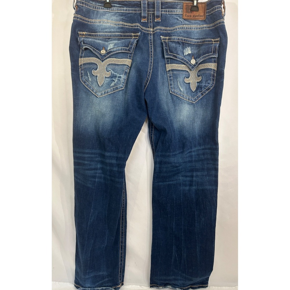 Rock Revival Jed Straight Jeans Mens 44x32 Blue Embroidered Pockets Denim